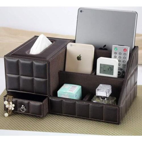 PU Leather Tissue Box Napkin Holder Desktop Multi Grids Remote Control Storage Box Table Decoration