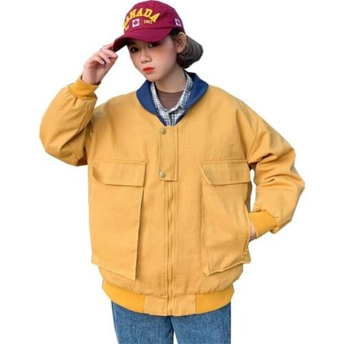 Spring Autumn Women Bomber Jacket Oversize Boyfriend Loose Big Pockets Coats Ladies Yellow White Navy Casual Jackets Windbreaker