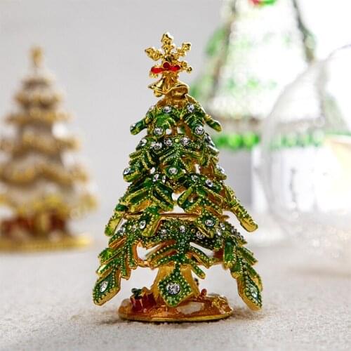 H&D Hand Painted Enameled Small Christmas Tree Decorative Jewelry Trinket Box with Hinged Unique Gift for Family