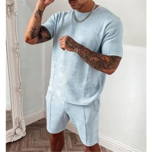 Foreign Trade 2021 Summer Mens Fit Striped Short-sleeved Shorts Casual Two-piece Suit