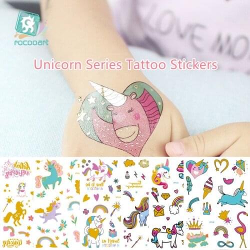 Cute Golden Unicorn Rainbow Waterproof Water Transfer Temporary Tattoo Stickers For Kids Girl Children Gift Fake Tattoos