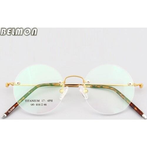 Belmon Titanium Spectacle Frame Men Women Rimless Vintage Round Eyeglasses Computer Optical Glasses Clear Lens Frame RS2222