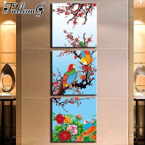 FULLCANG diy diamond embroidery plum blossom birds triptych painting full square round drill 5d mosaic pattern kit decor FC2437