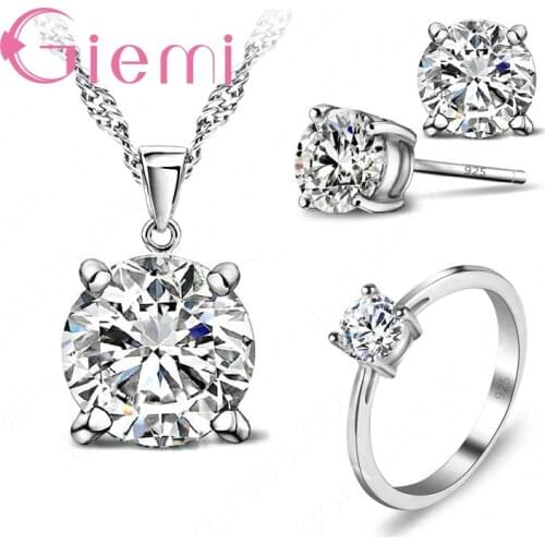 Women Bridal Big Discount Super Shinning Cubic Zirconia 925 Sterling Silver Rings Earrings Necklace Crystal Jewelry Sets Present