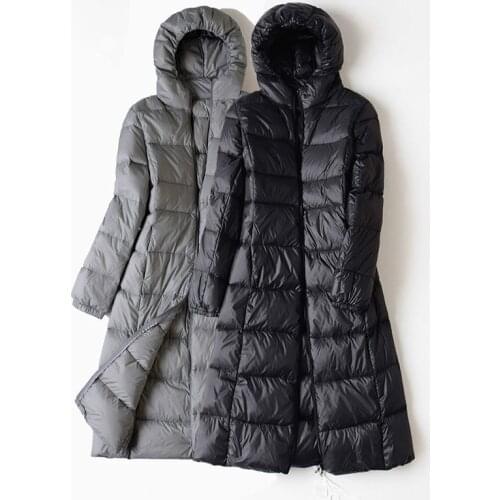 2020 New Winter Women Ultra Light Duck Down Hooded Jacket Long Sleeve Warm Coat Female Solid Portable Outwear Long Parkas S126
