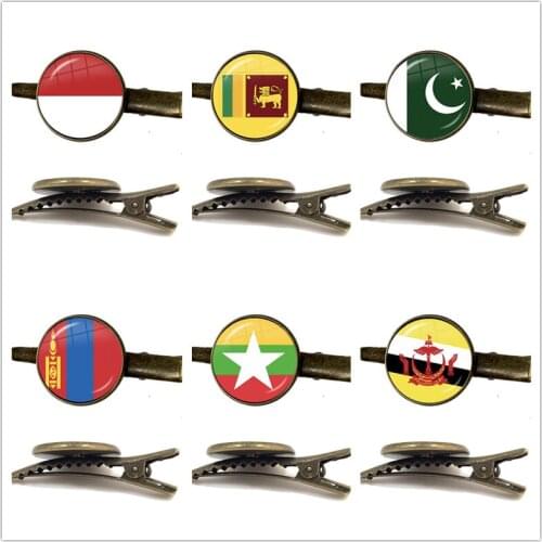 Pakistan,Brunei,Sri Lanka,Myanmar,Indonesia,Mongolia National Flag Antique Bronze 16mm Glass Cabochon Tie Clip Jewelry Gift