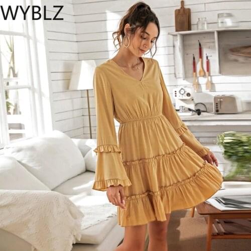 WYBLZ Spring Summer Womens Mini Dress Fashion Long Sleeve V Neck High Waist Vintage Boho Beach Party Yellow Dresses Sundress