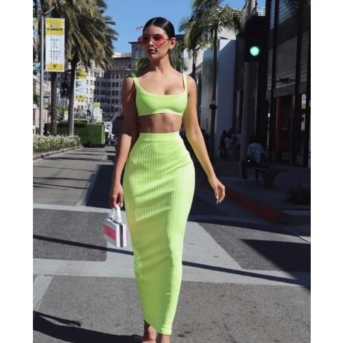 High Quality Summer Slim Orange Black Two Piece Bandage Set Sexy Spaghetti Strap Elegant Women Celebrity Fashion Party Suit Vest