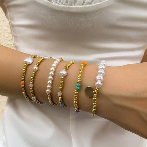 6 pcs/set Mixed Acrylic Beads Bracelets for Women Baroque Pearls Charm Bracelets Set Boho Pearl Braclets Girls Beach Accessories