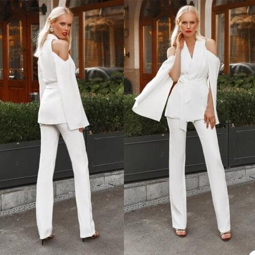 White Mother Of The Bride Pants Suits Unique Design V Neck Hollow Women Business Formal Work Blazer Suit with Belt 2 Pieces