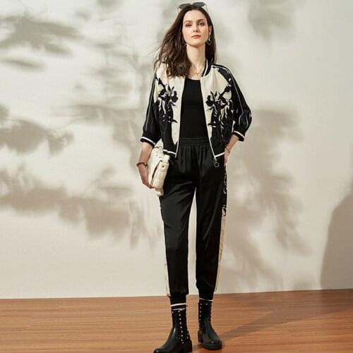 Women Suit Casual Style 100% Polyester Printed Jacket And Pants Three Quarter Sleeve Stand Neck Zipper Coat New Fashion