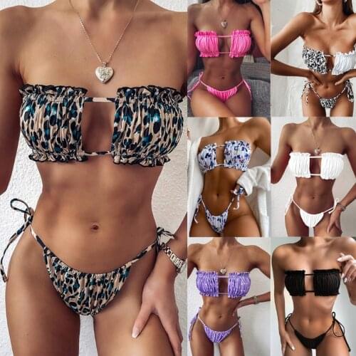 Women Sexy 2pcs Bikini Set Strapless Hollow Out Ruched Bandage Bathing Swimsuit L43E