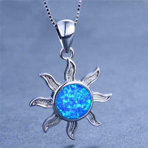 Boho Female Sun Flower Pendants Necklaces Blue Fire Opal Stone Necklace Fashion silver color Wedding Jewelry