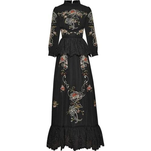 Black Long Dress 2021 Spring Summer Evening Party Women Exquisite Embroidery Ruffle Deco Long Sleeve Vintage Maxi Dress Vestidos
