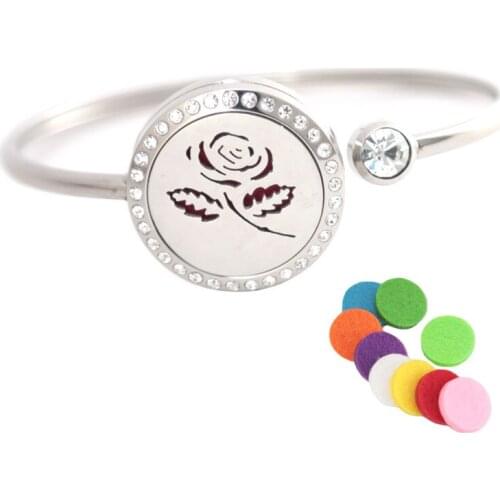 10Pcs One Rose Flower Bracelet Bangle Aromatherapy 25mm Magnet Crystal Stainless steel essential oil diffuser locket bracelet