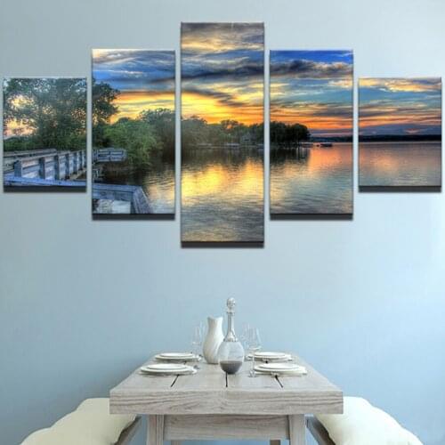 Free Shipping 5 Panels Sunset Lake Landscape diamond painting 3d Drawing diamond Embroidery Wall Art for Living Room Home Decor