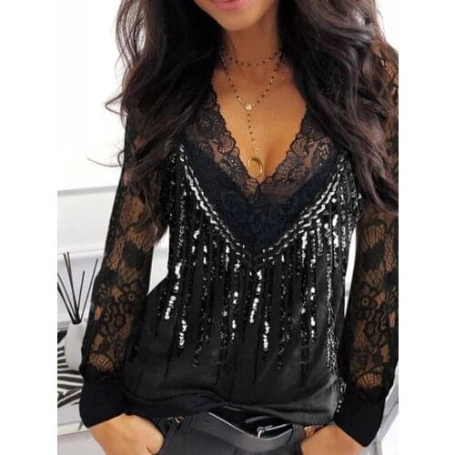 Women Sexy Shirts Longe Sleeve Lace Sequins Hallow Out V-Neck Long Sleeves Solid Elegant Blouses Pullover Daily Basic Tops