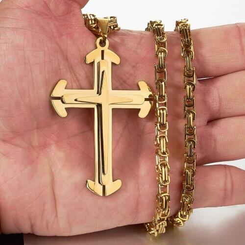 Religious Punk 316L Stainless Steel Gold Tone Cross Crucifix Pendant Necklace With Byzantine Chain Mens Jewelry Christmas Gift