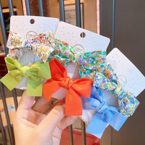 2Pieces/set Floral Bow Children Hairpin Kids Headdress Printed Side Bangs Clip Fashion Accessories