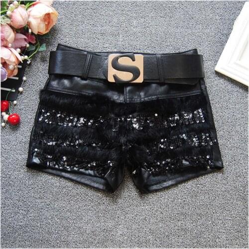 PU Leather Patchwork Faux Fur Shorts Women Winter Autumn Casual seuqined Leather Shorts Fashion Ladies
