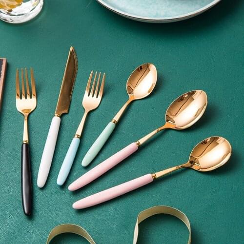 Hot multi-color ceramic handle gold plated stainless steel table knife fork spoon coffee spoon dinner tableware tableware set
