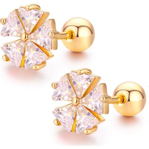 Cute Flower Set Triangle CZ Stones Screw Back Stud Earrings For Women Baby Kids Girls Rose Gold Color Piercing Jewelry Oorbellen