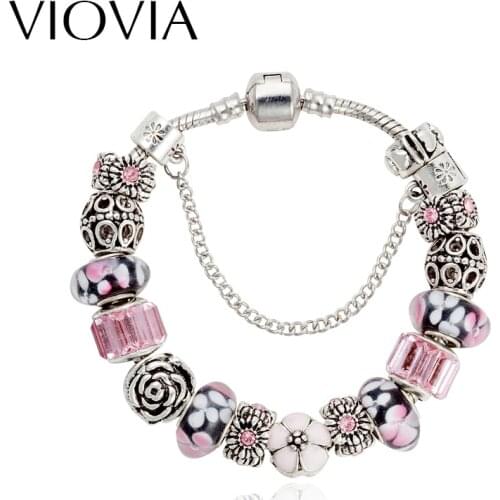 VIOVIA Design Fashion Flower Charm Bracelets & Bangles Fit Jewelry Making Pink Crystal Bracelets for Women Gift B15379