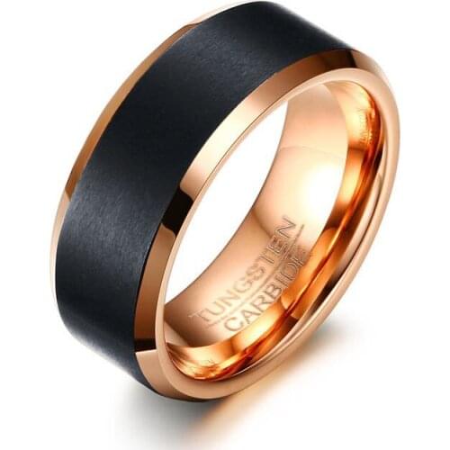 8MM Mens Tungsten Steel Ring Black & Rose Gold Rings Engagement Wedding Jewelry