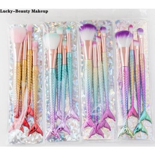 Lucky-Beauty four-piece suit mermaid makeup brush fiber colorful soft hair loose powder brush beauty makeup tools