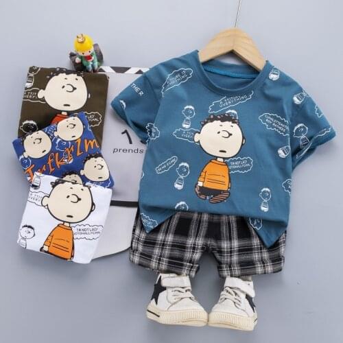 2021 New Baby Boy Handsome Clothing Set Cartoon Summer T-Shirt +Plaid Shorts Kids Girls Fashion Suit for Kids Outfits