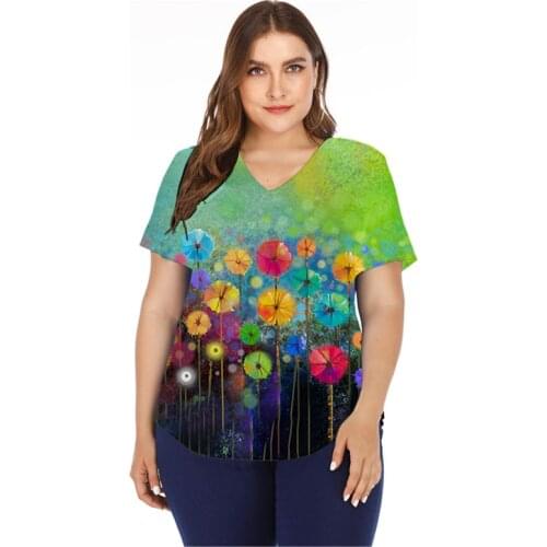 New 2021 Fashion Loose Ladies T Shirt Women Tops Plus Size Casual Streetwear Summer Short Sleeve V-NeckFloral Print Shirt Top