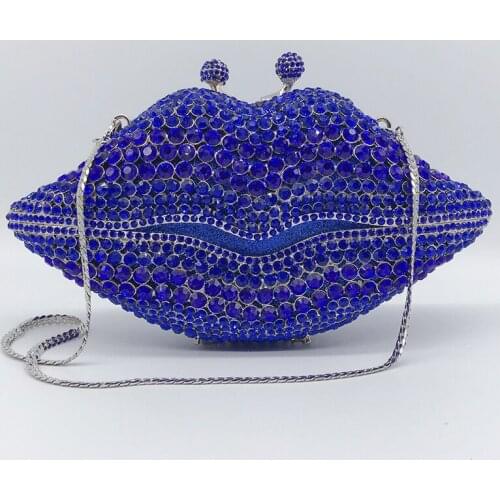 New Arrival Blue Rhinestone Mouth Shape Evening Clutches Silver Metal Women’s Party Prom Purse Mini Chain Shoulder Handbag