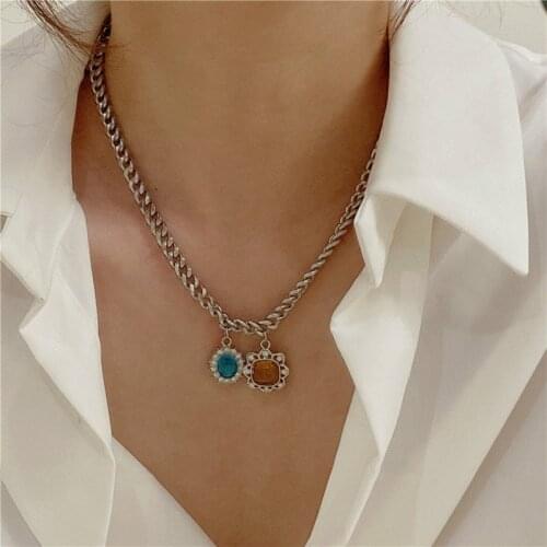 European and American Retro Color Rhinestone Necklace Commuter INS Style Titanium Steel Necklace Temperament Hip Hop Gifts 2021