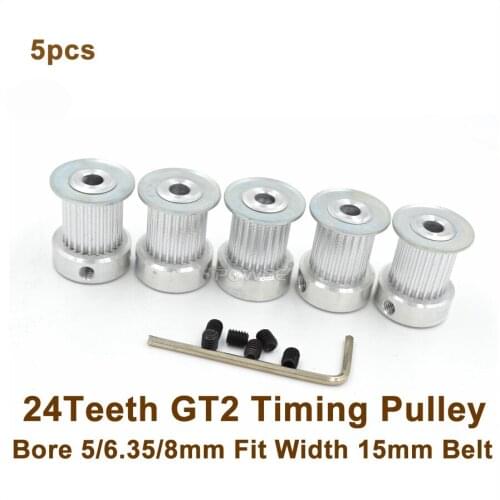 POWGE 5pcs 24 Teeth 2GT Timing Pulley Bore 5/6.35/8mm Fit Width 15mm GT2 Timing Belt 24T 24Teeth GT2 Pulley 3D Printer Parts