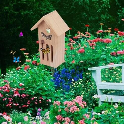Attractive Natural Wooden Butterfly House Hotel Waterproof Haven Garden Shelter Resting Place for Butterflies Solitary Yard