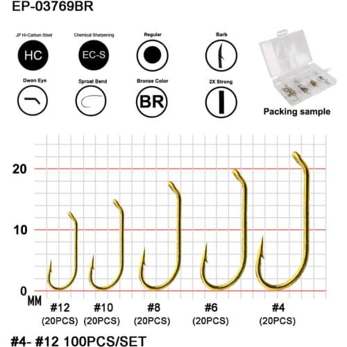 Eupheng 100pcs EP-TMC3769 Wet And Nymph 2X Heavy Standard Sproat Bend Fly Fishing Hook Down Eye Surface Flies Hooks All Sizes