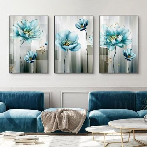 Modern Nordic Golden Blue Beautiful Flower Poster Wall Art Floral Plant Pictures Canvas Painting For Living Room Home Decorative