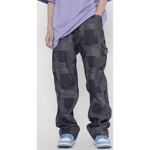 High Street Checkered Jeans Trousers for Men and Women Loose Vibe Ripped Plaid Denim Pants Harajuku Oversize Casual Pants