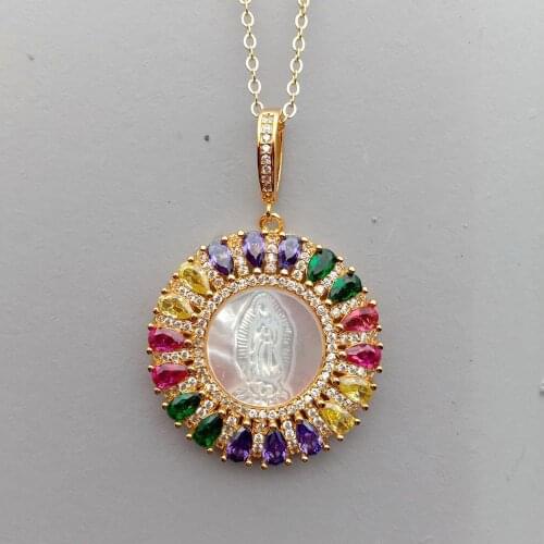 YYGEM Religious Style White Shell Virgin Mary Rainbow CZ Micro Pave coin Pendant necklace For Women Gift Choker necklace