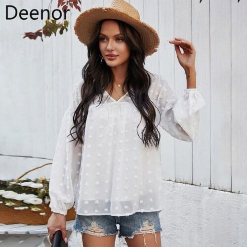 Deenor Fashion Womens Long Sleeve Shirts Tops Polka Dot Blouses Elegant White OL Shirt Ladies Chemise Femme Blusa Streetwear