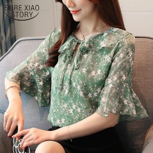 Plus Size Ruffled Floral Chiffon Blouse Women Five-point Sleeve Shirts Blouse Women Fashion 2019 Womens Tops and Blouses 2794 50