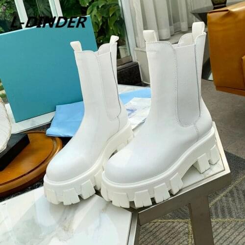 L-DINDER New Platform Women Boots Thick Bottom Slip-on Real Leather Runway Shoes Round Toe Height Increase Slim Mid Calf Boots