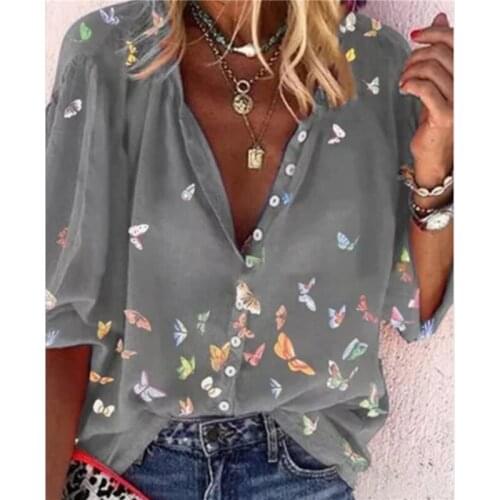 2021 Summer Tops Women Tops Shirts Ladies Casual V-Neck Long Sleeve Female Top Butterfly Print Buttons Shirt For Women