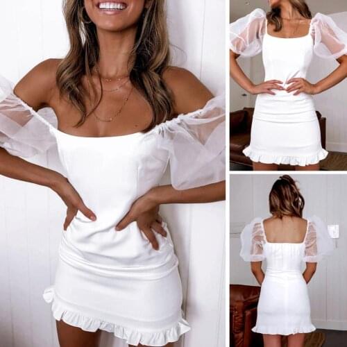 Summer Female Robe Square Neck Solid Sexy Mesh Puff Short Sleeve Backless Party Slim Mini Bodycon Dresses for Women 2021