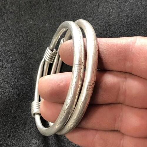 1pc Antique miscellaneous Miao silver bracelet retro national dragon and Phoenix blessing foot Silver Bracelet