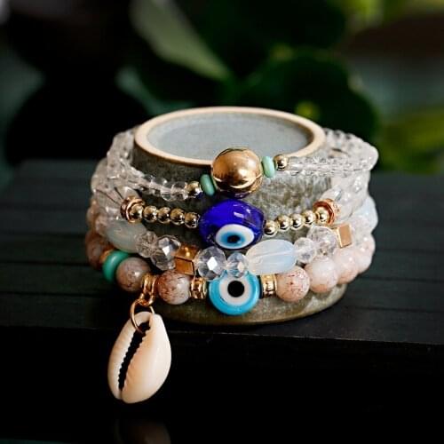 4 Pcs/Set Vintage Shell Bohemian Beaded Bracelets & Bangle Crystal Jewelry For Women Classic Evil Eye Elastic Bracelet 2020