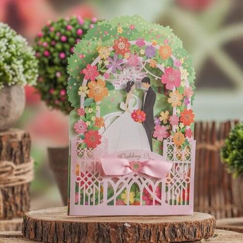 50pcs Bride Groom Garden Style Laser Cut Wedding Invitation Printable Customized Greeting/Wedding Birthday Card Free Ship