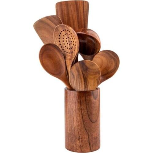 8Pcs Teak Tableware Spoon Colander Long Handle Spoon Wooden Non-Stick Special Spatula Kitchen Tool Set New Gift