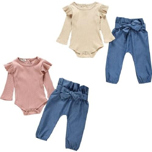 Kids Baby Girls Ruffle Romper Long Sleeve Bodysuit Tops Denim Jeans High Waist Pants Floral Halen Pants Children Clothing Set