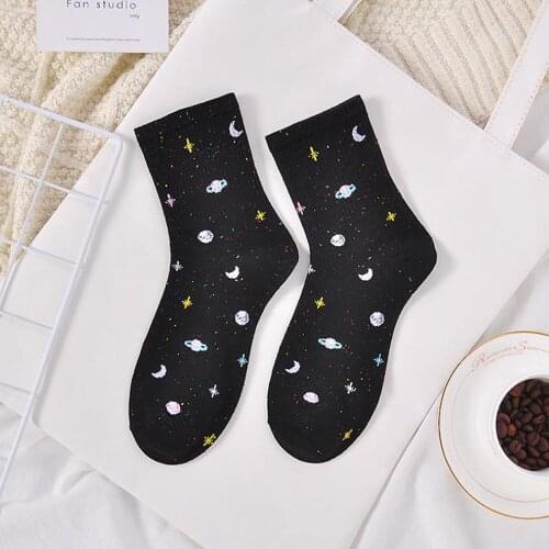Women Socks Cotton Starry Cute Middle Tube Socks Korean Trend Universe Starry Sky Creative Novelty Wild Ladies Cotton Socks